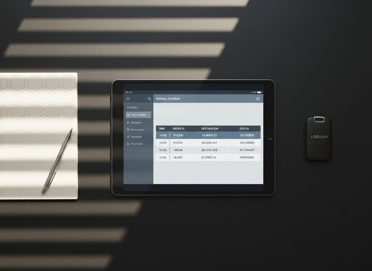 A polished tablet computer displaying a well-organized digital delivery schedule, positioned on a matte black desk alongside a branded key fob and embossed, minimalist notepad. The interface on the tablet features clean fonts and a subdued color palette, reinforcing a sense of order. Natural afternoon light filters through venetian blinds, creating linear patterns of soft illumination and subtle shadows on the desk’s surface. Photographed from an overhead perspective with tight, symmetrical framing, the setting evokes efficiency and advanced logistics management within a clean, modern, photographic aesthetic.