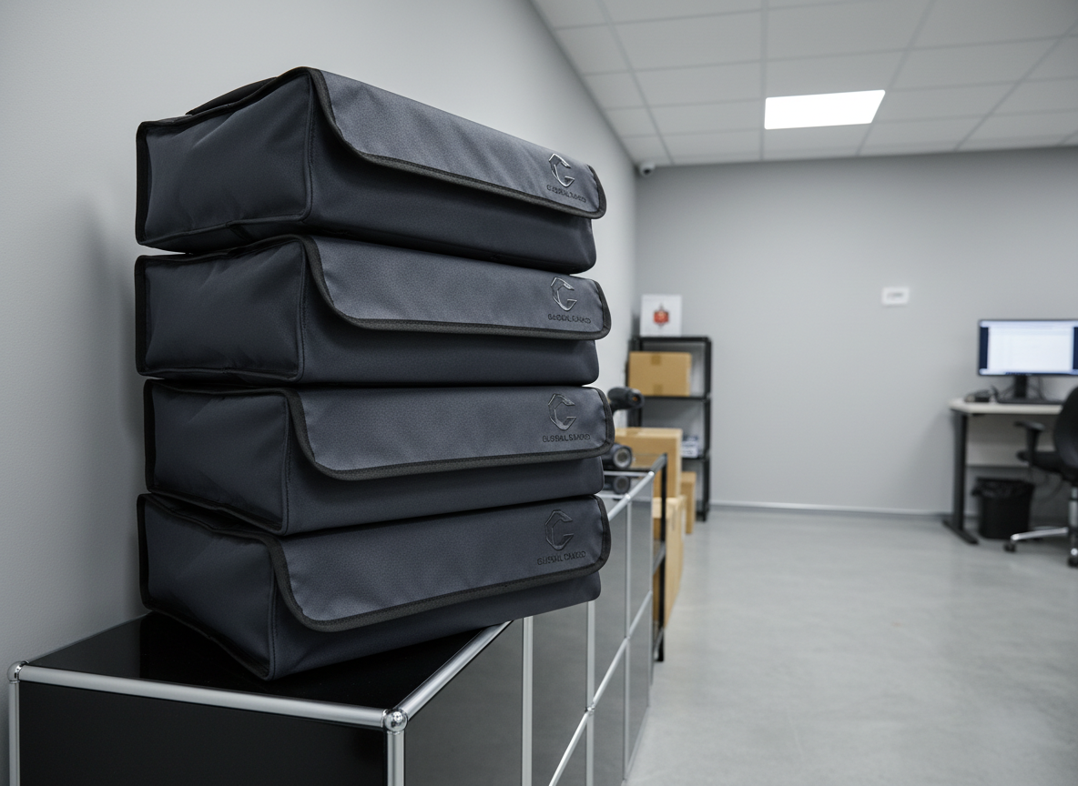 A stack of durable courier bags made from structured, slate-gray ballistic nylon fabric with reinforced seams and discreet company branding, resting on a glass-topped modular shelving unit in a small, well-appointed loading bay. The surrounding walls are finished in neutral light gray tones, with polished concrete flooring that reflects cool, white LED lighting. Each bag’s finely textured surface and high-quality materials are clearly visible, communicating trust and attention to detail. The composition uses the rule of thirds with a slight depth of field blur in the background, conveying a purposeful, organized atmosphere in line with a professional courier service.