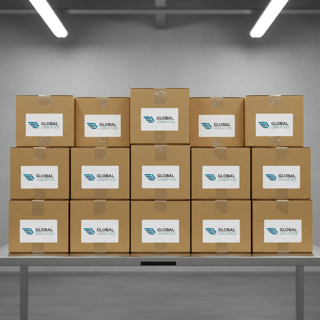 A set of meticulously organized, medium-sized corrugated cardboard shipping boxes sealed with crisp, uniform tape and custom-printed labels featuring a subtle, professional logo. These boxes are arranged in neat rows atop a clean, brushed steel warehouse table with a neutral gray wall in the background. Cool, diffused overhead fluorescent lighting casts gentle, soft-edged shadows, enhancing the sense of order and clarity. Captured with a centered composition and sharp depth of field, the image conveys a mood of precision, reliability, and structured logistics. The overall style is photographic and corporate, reflecting the professionalism of an experienced courier business.